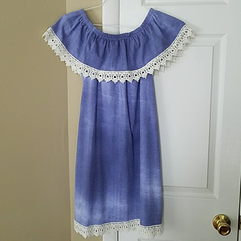 NWOT, Off shoulder dress, jean like with lace trim
